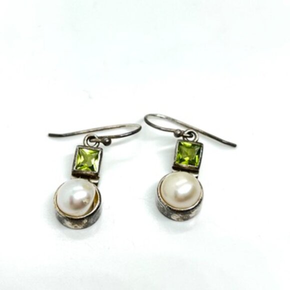 VINTAGE STERLING 925 PEARL GREEN STONES EARRINGS SIGNED NF THAILAND MODERNIST - Picture 7 of 12